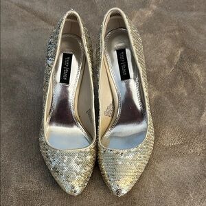 White House Black Market Silver Sequin Heels